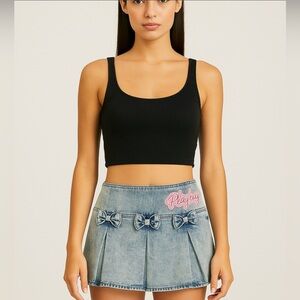 Playboy Denim Micro Mini Skirt Blue Acid Wash 12” Length with Bow Details size 3